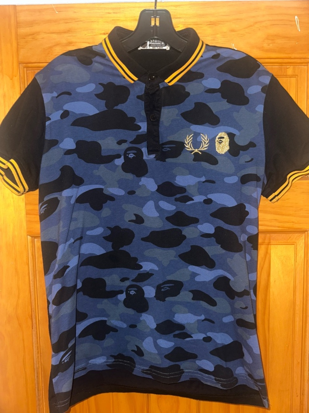 BAPE Blue Camo Polo with Yellow Stripe Trim